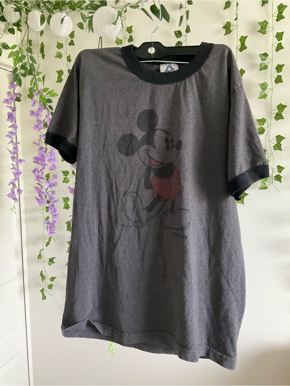 Vintage Style Mickey Mouse Ringer Tee - Charcoal with Black Trim